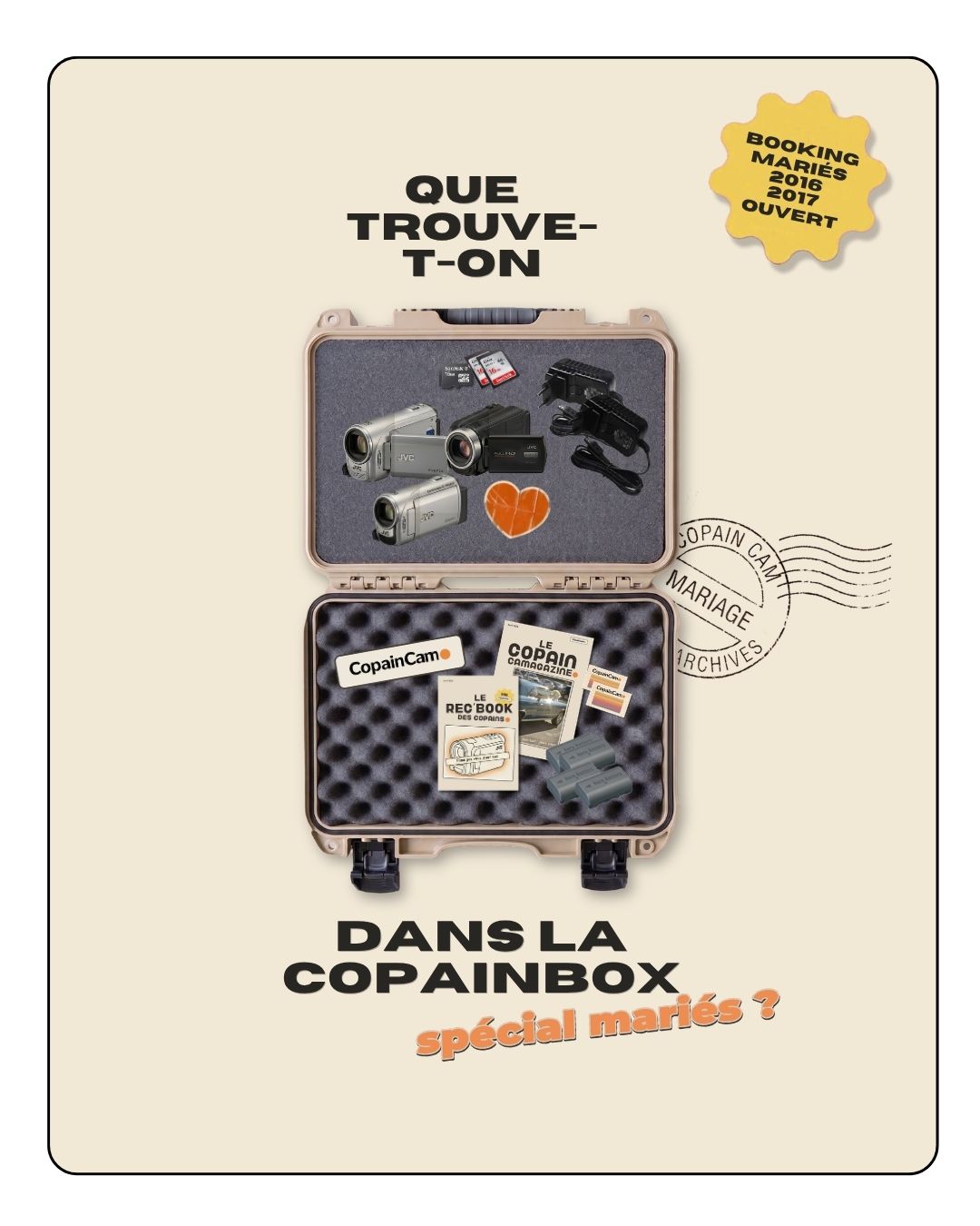 CopainBox ouverte spéciale mariage : 3 caméscopes vintage JVC, cartes SD, batteries et livrets d'animation
