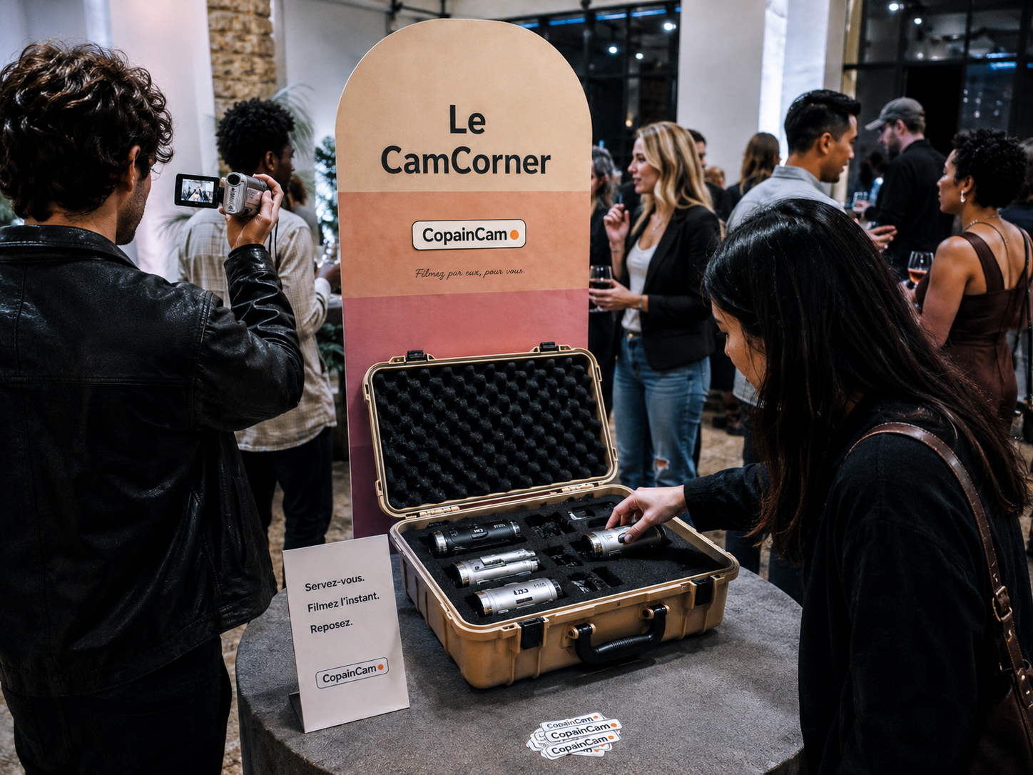 Mallette CopainBox Event avec caméscopes vintage pour événement d'entreprise - Le CamCorner by CopainCam