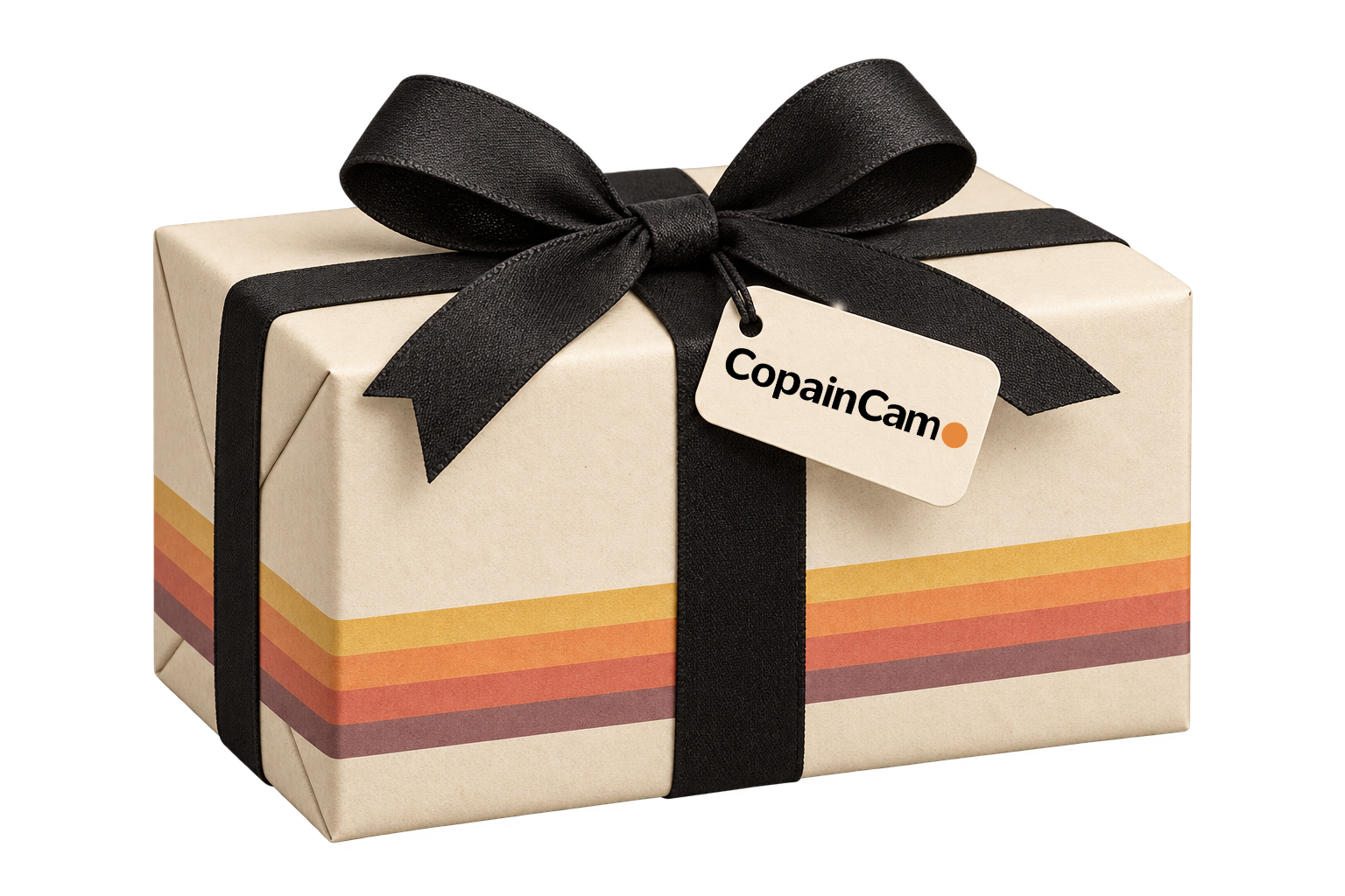 Cadeau CopainCam emballé avec un ruban noir
