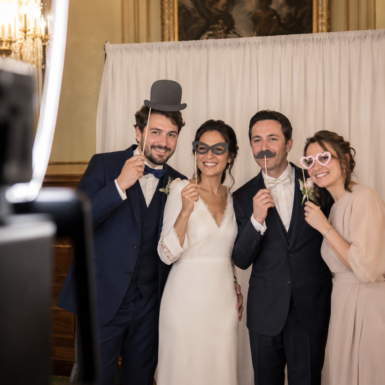 animation photobooth classique avec accessoires moustaches lors d'un mariage